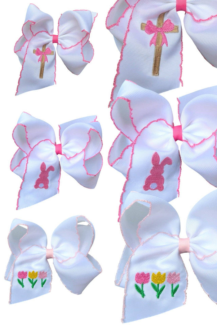 5" Easter embroidered hair bows with moon stitch trim. 3PCS/$12.00