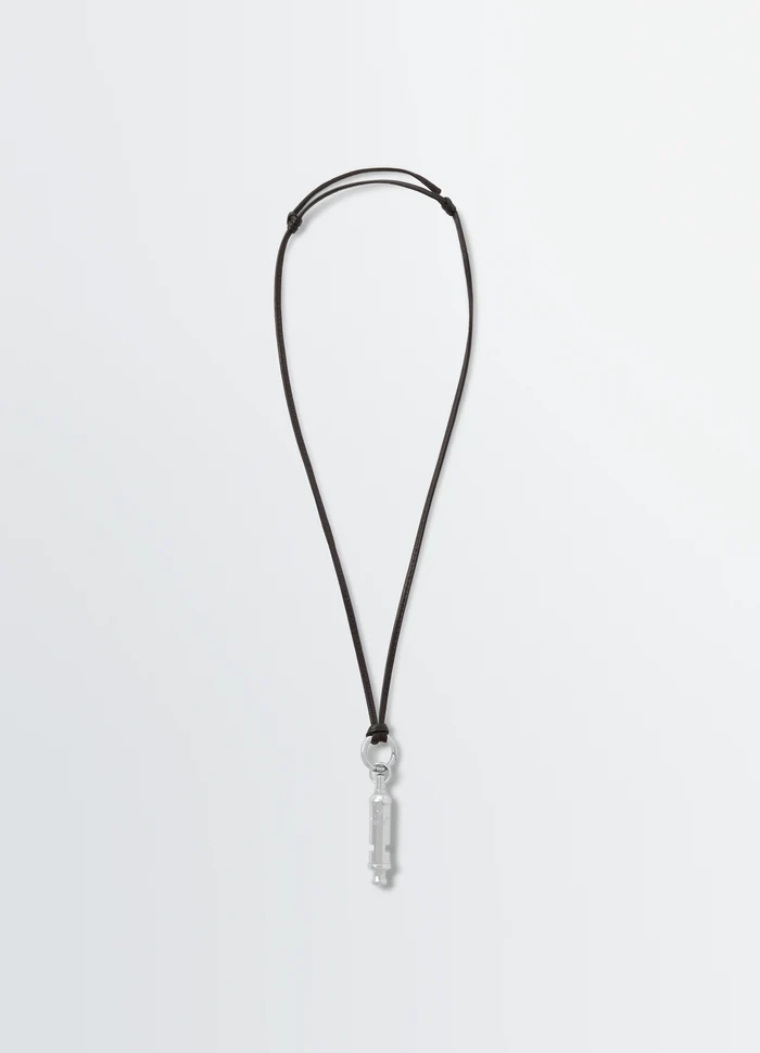 ACME Whistle Necklace in Brass with Silver Finish, product shot, Front view Adjustable leather strap