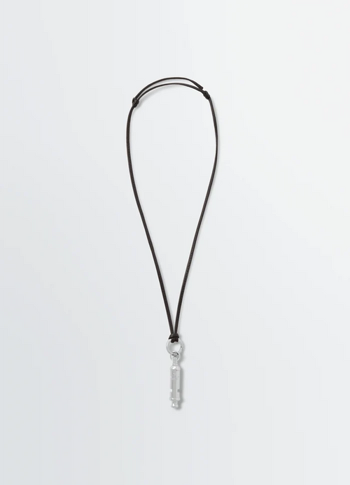 ACME Whistle Necklace in Brass with Silver Finish, product shot, Front view Adjustable leather strap