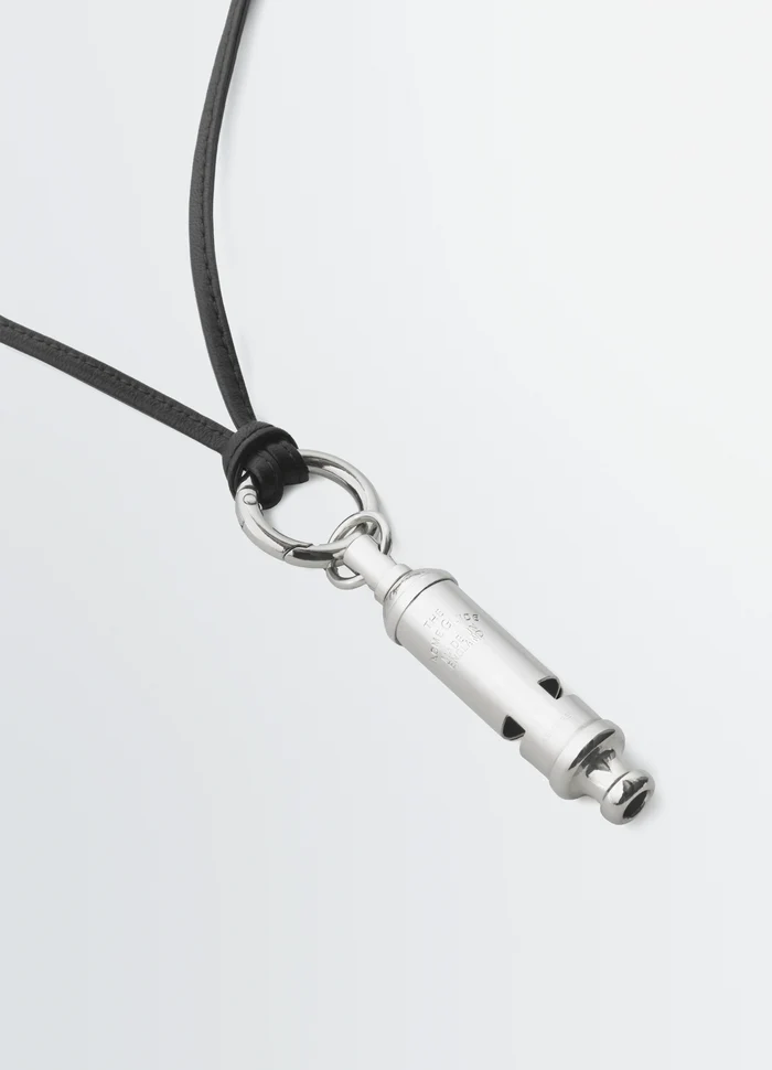 ACME Whistle Necklace in Brass with Silver Finish, product shot, detail shot close-up with loop
