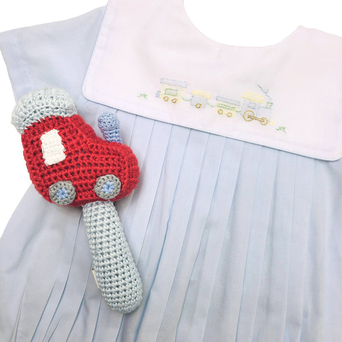 Baby boy Romper with Train Embroidery in Blue with bonnet