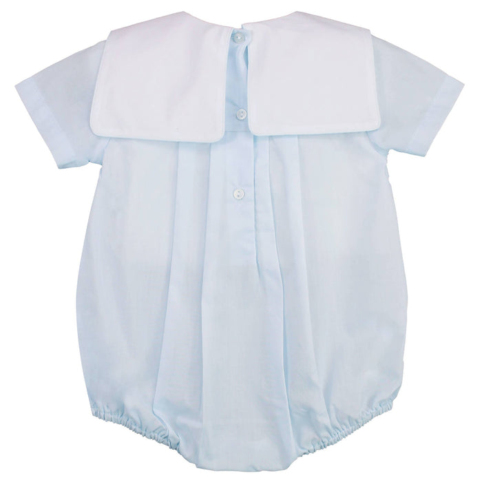 Baby boy Romper with Train Embroidery in Blue with bonnet