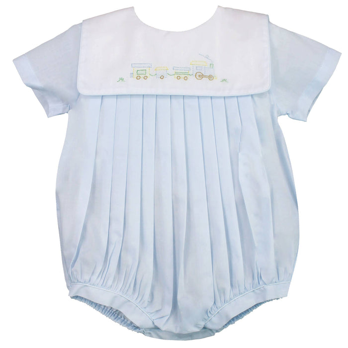Baby boy Romper with Train Embroidery in Blue with bonnet