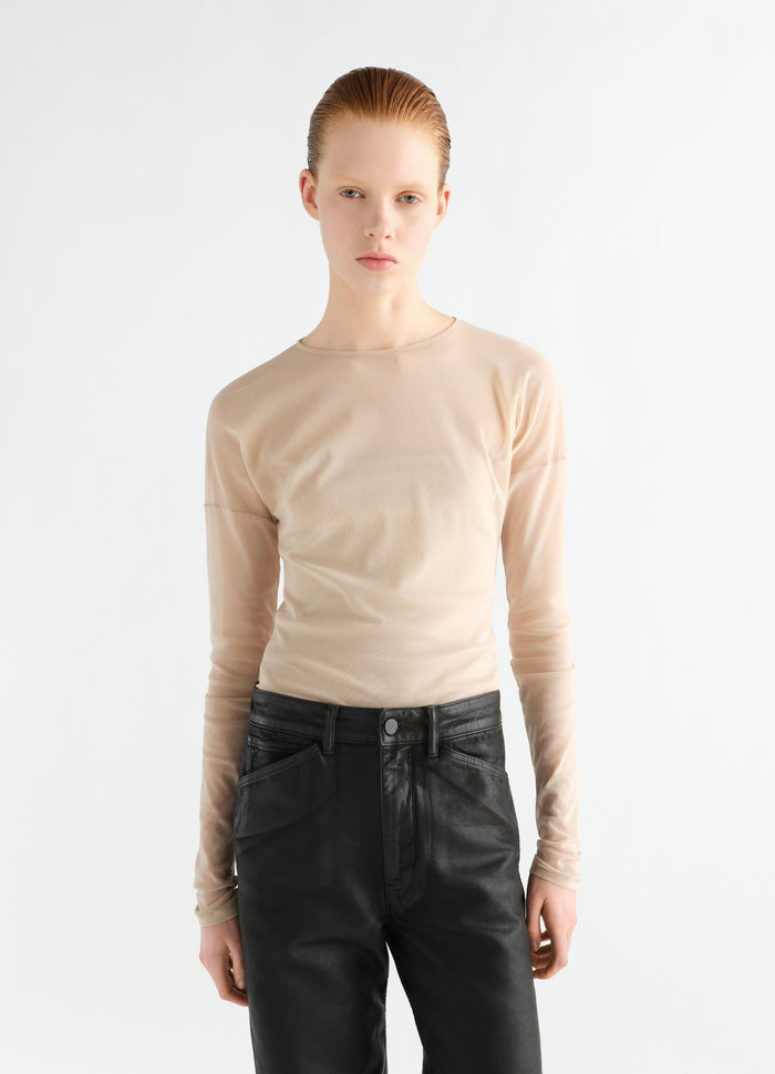 Long-sleeve beige mesh jersey ballerina-style top by LEMAIRE worn by model front view