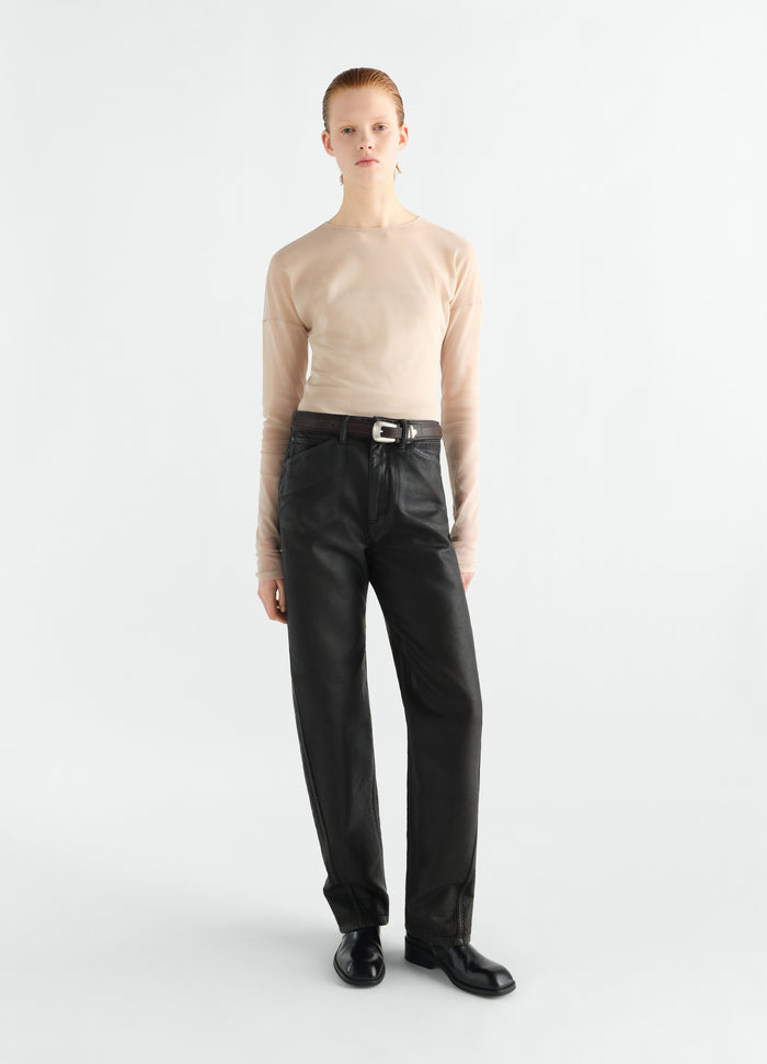 Long-sleeve ballerina-style beige mesh jersey top worn by model front view LEMAIRE