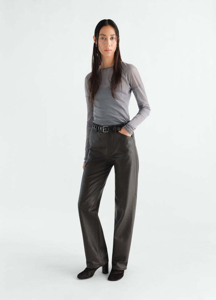 Long-sleeve ballerina-style grey mesh jersey top worn by model LEMAIRE front view
