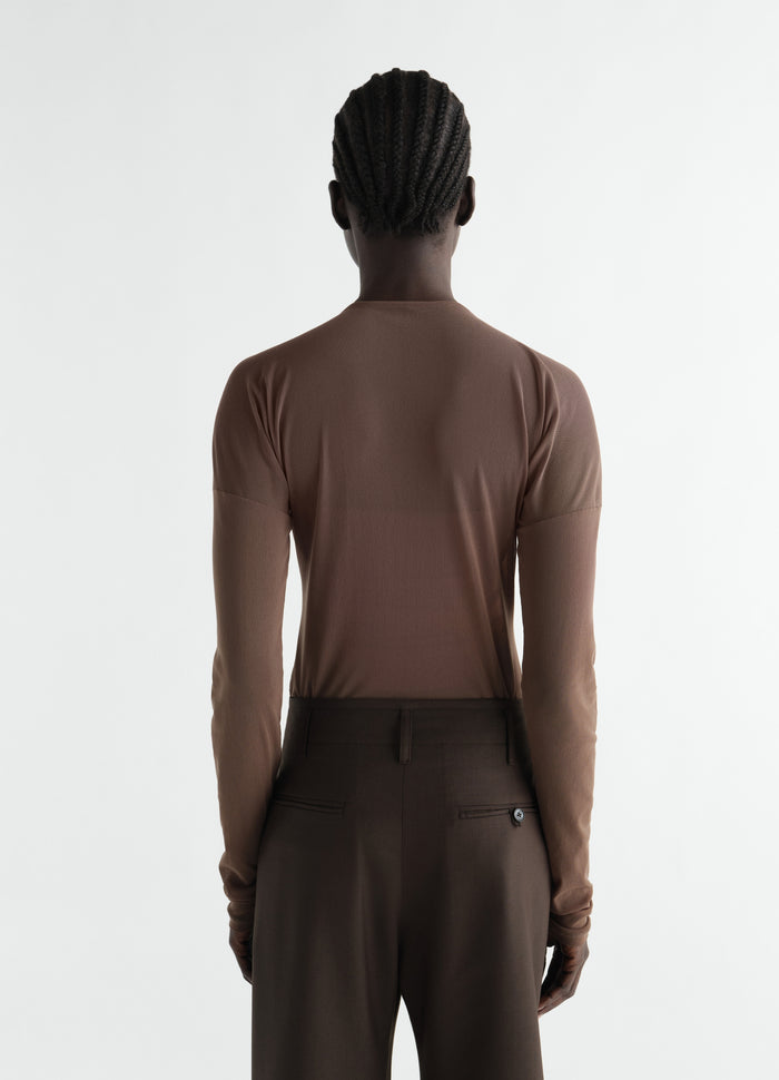 Long-sleeve brown mesh jersey ballerina-style top worn by model back view LEMAIRE
