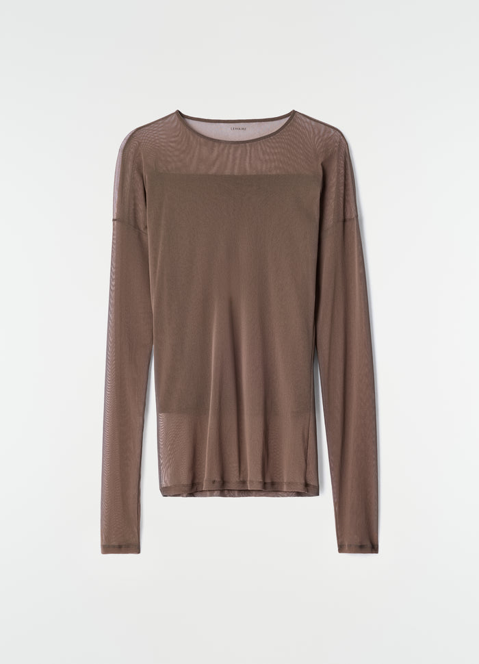 Long-sleeve brown mesh jersey top with ballerina-style silhouette by LEMAIRE on plain white background, primary product shot