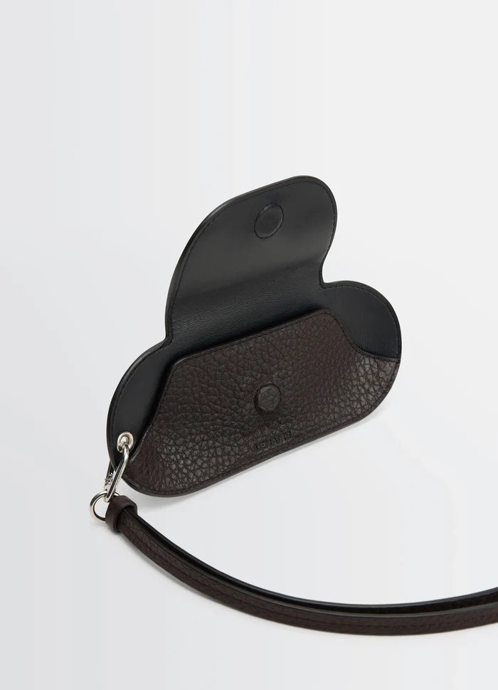 Bell Glasses Holder in Grained Leather, product shot, interior top angle open with strap