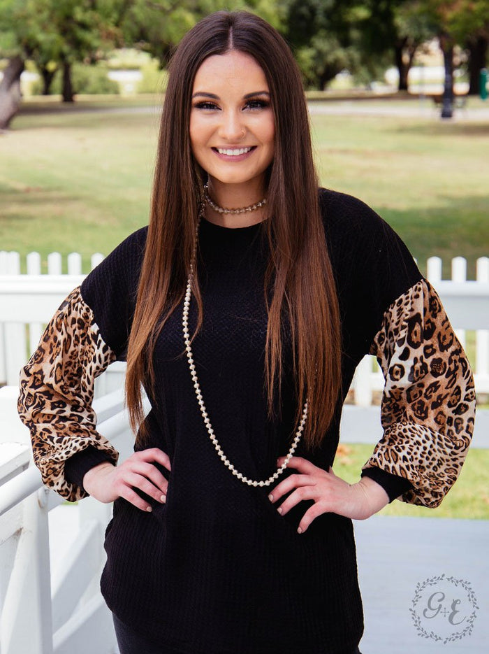 Black Knit w/Leop Sleeve top