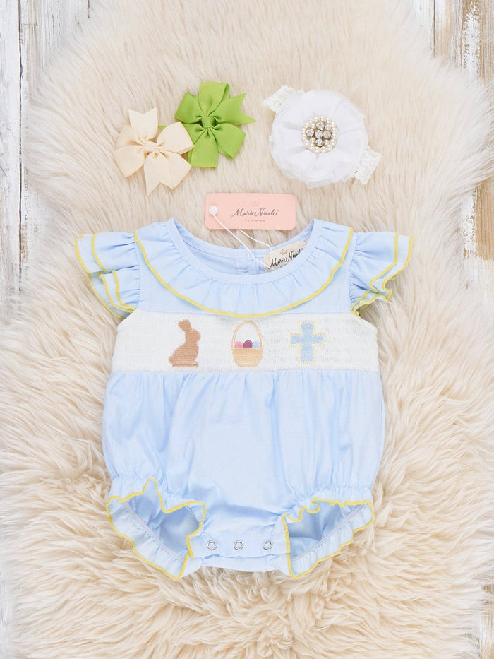 Blessed Bunny Smocked Cotton Ruffle Bubble Romper