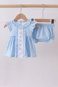 Blue cross bow embroidery ruffle gingham bloomer set baby girl
