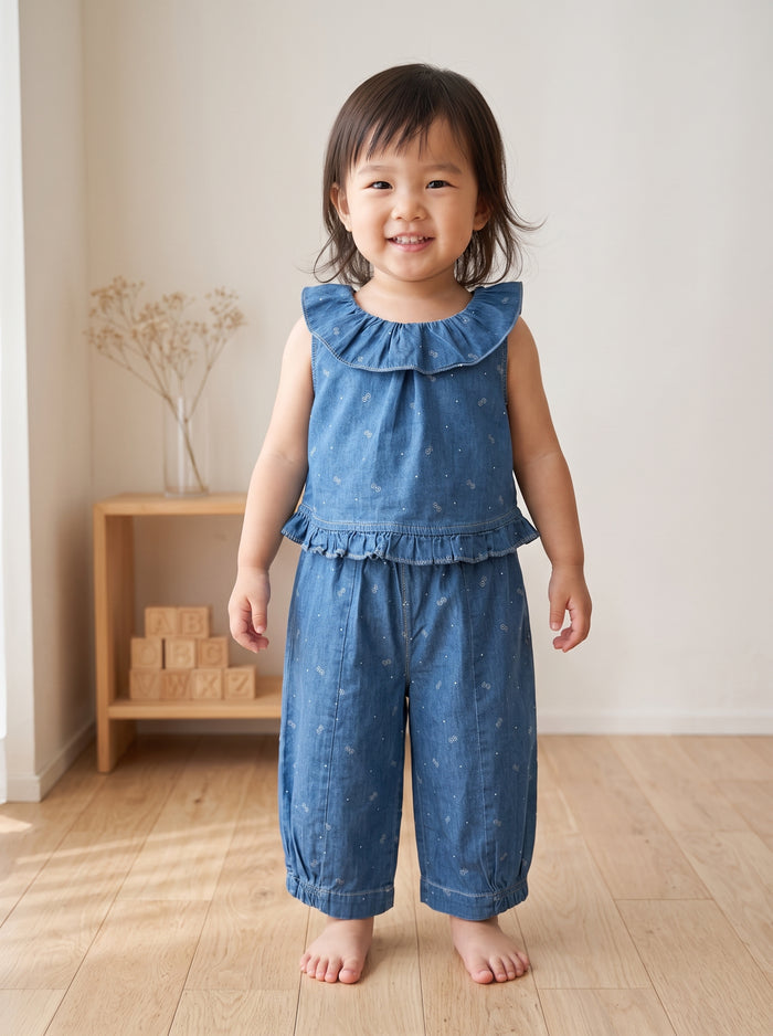Blue Denim Floral Print Ruffle Top & Harem Pants Set