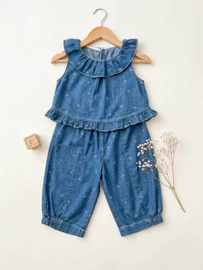 Blue Denim Floral Print Ruffle Top & Harem Pants Set