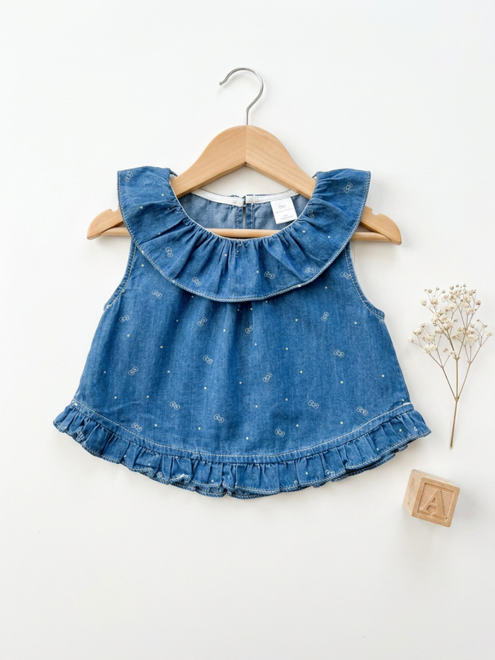 Blue Denim Floral Print Ruffle Top & Harem Pants Set