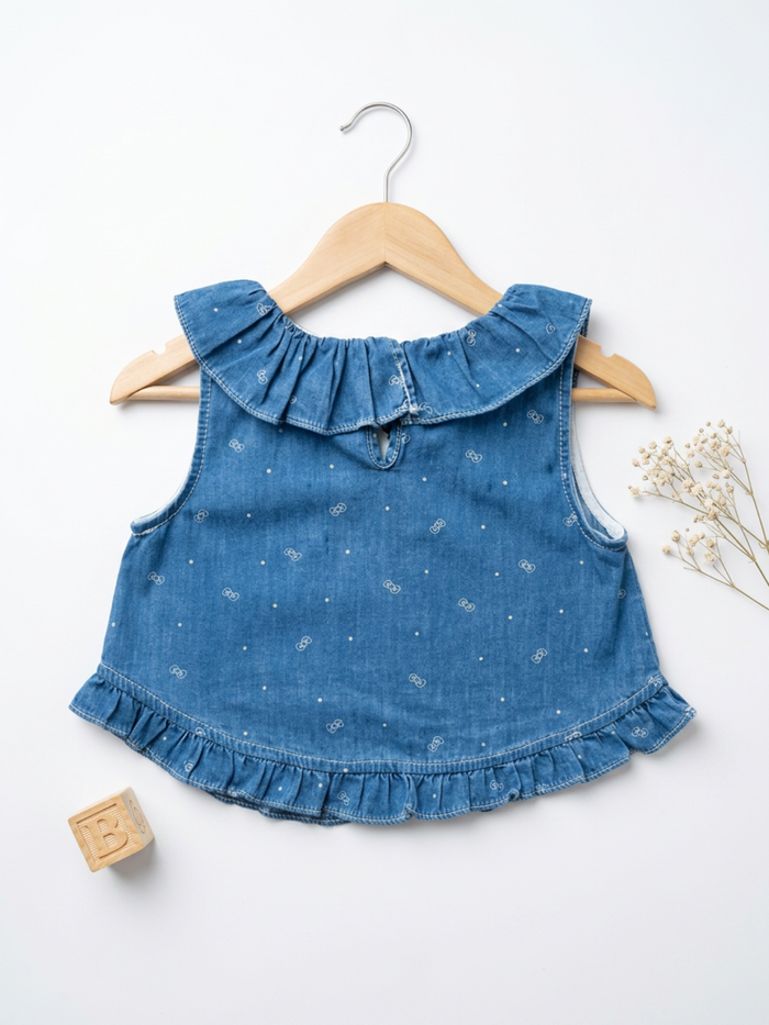 Blue Denim Floral Print Ruffle Top & Harem Pants Set