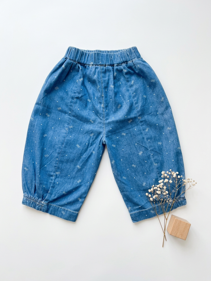Blue Denim Floral Print Ruffle Top & Harem Pants Set
