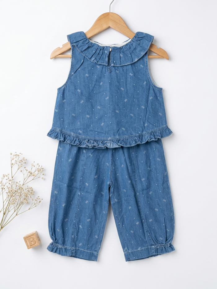 Blue Denim Floral Print Ruffle Top & Harem Pants Set