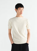 Boat-neck cream ribbed linen-cotton T-shirt LEMAIRE worn by model front view