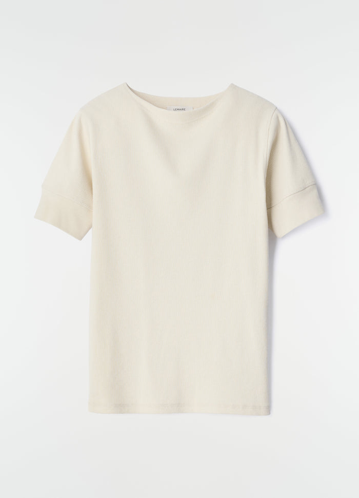 Boat-neck ribbed linen and cotton t-shirt in cream by LEMAIRE front on plain white background, primary product shot