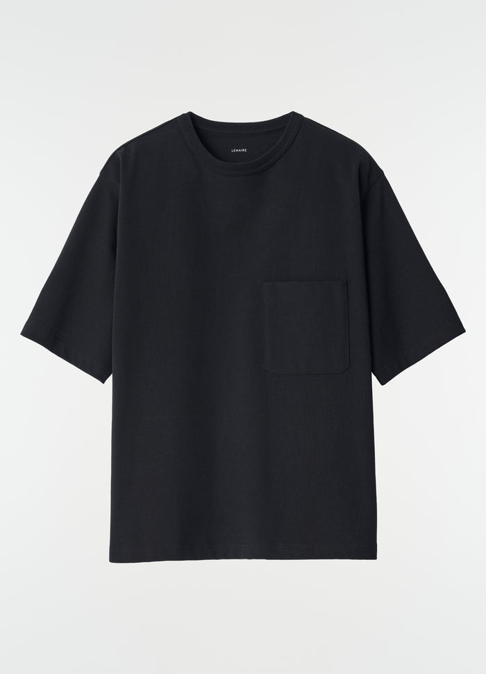Black compact cotton jersey boxy T-shirt with pocket LEMAIRE flat lay front view, primary product shot