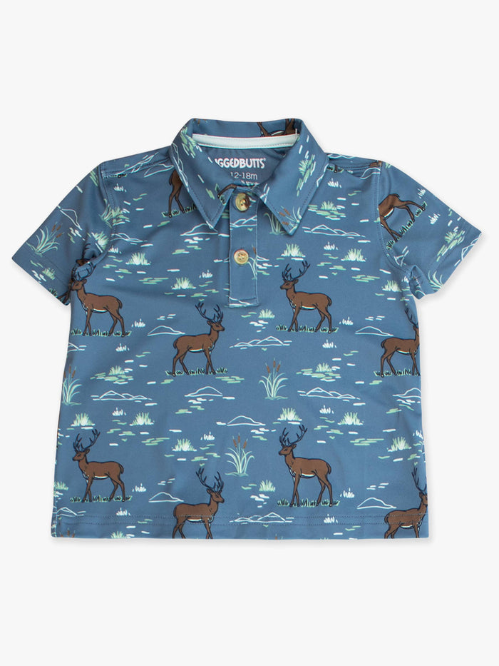 Boys Deer Antler Adventure Knit Short Sleeve Performance Polo: Blue