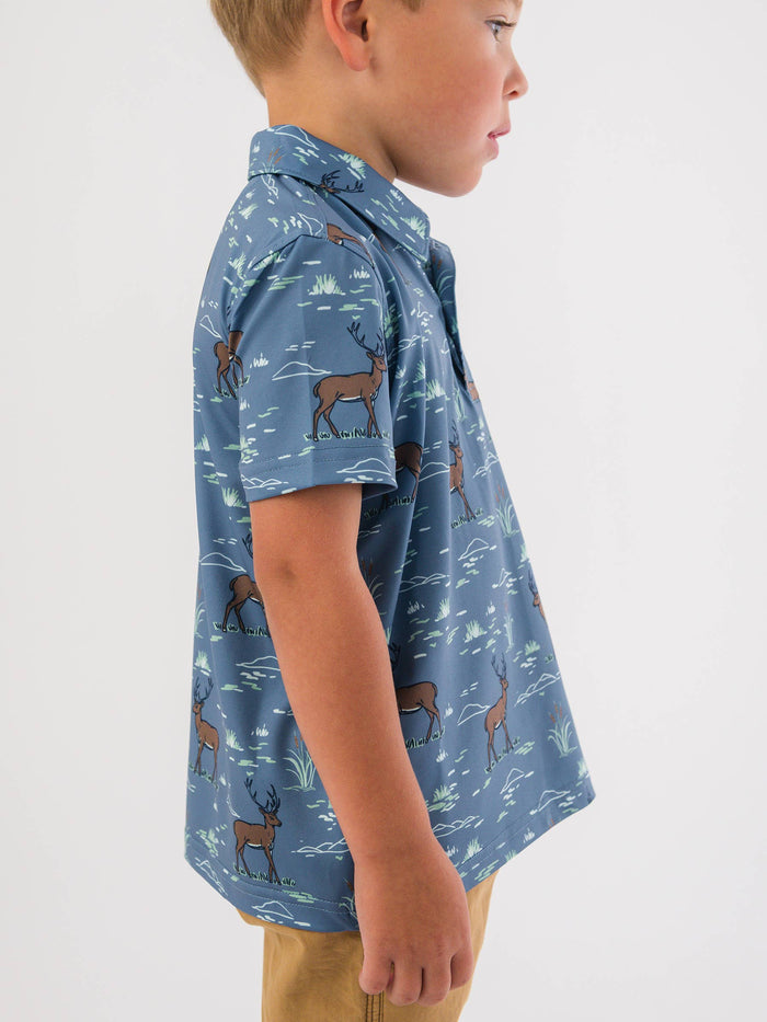 Boys Deer Antler Adventure Knit Short Sleeve Performance Polo: Blue