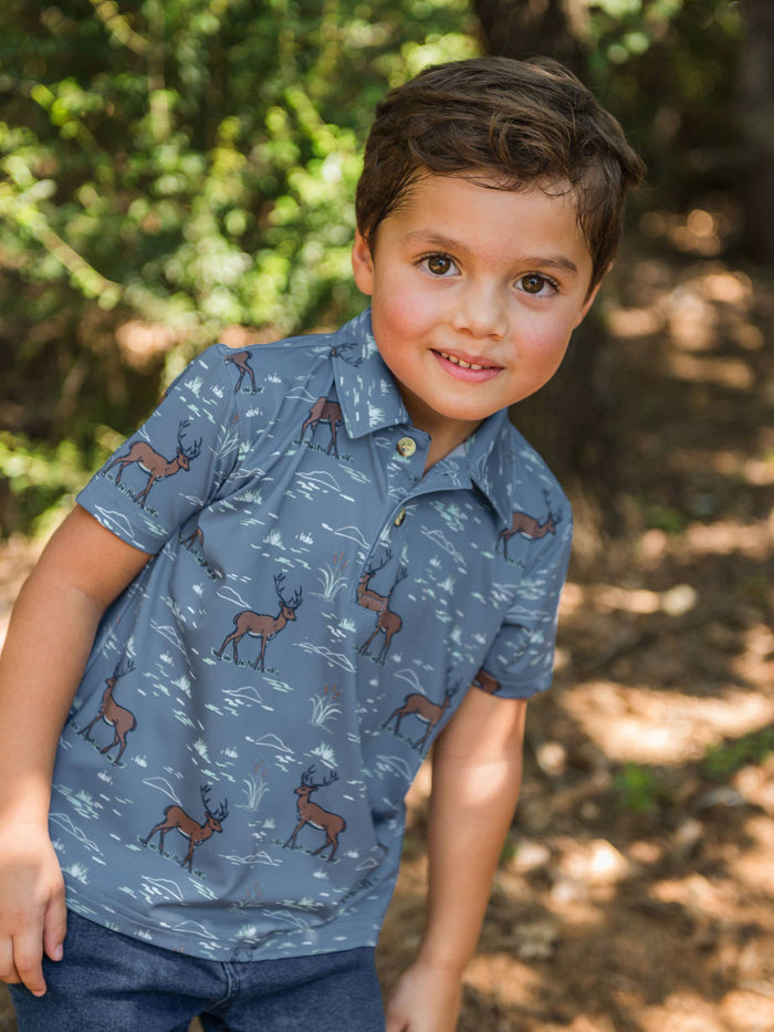 Boys Deer Antler Adventure Knit Short Sleeve Performance Polo: Blue