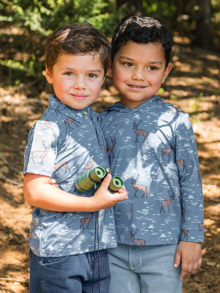 Boys Deer Antler Adventure Knit Short Sleeve Performance Polo: Blue