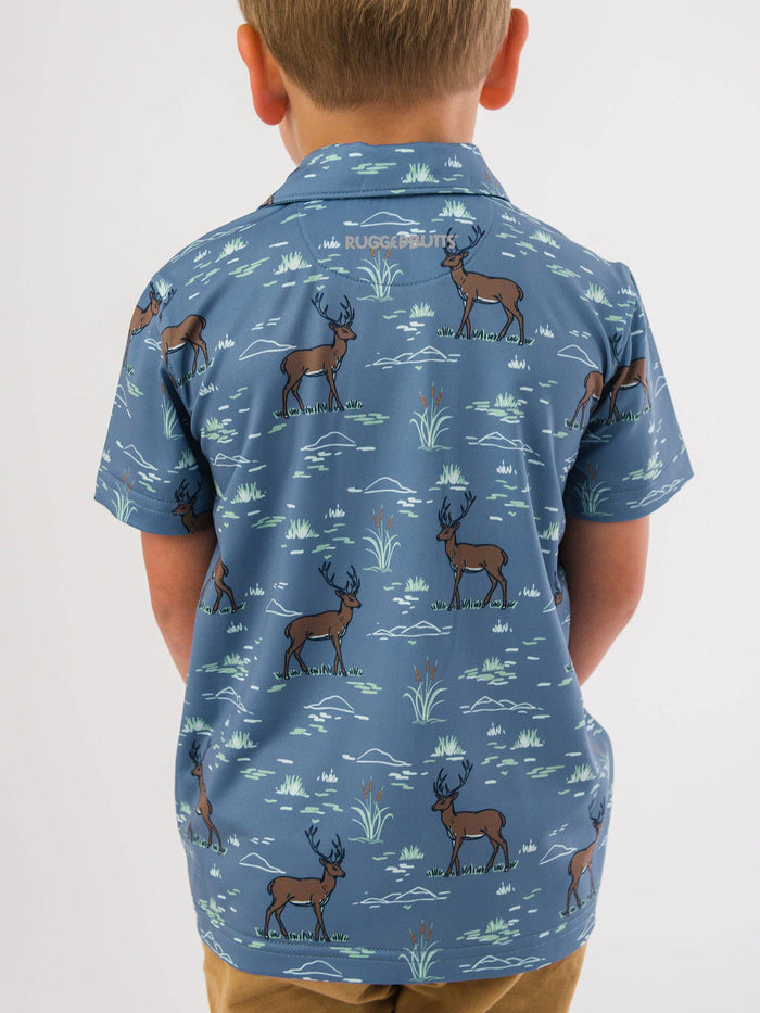 Boys Deer Antler Adventure Knit Short Sleeve Performance Polo: Blue