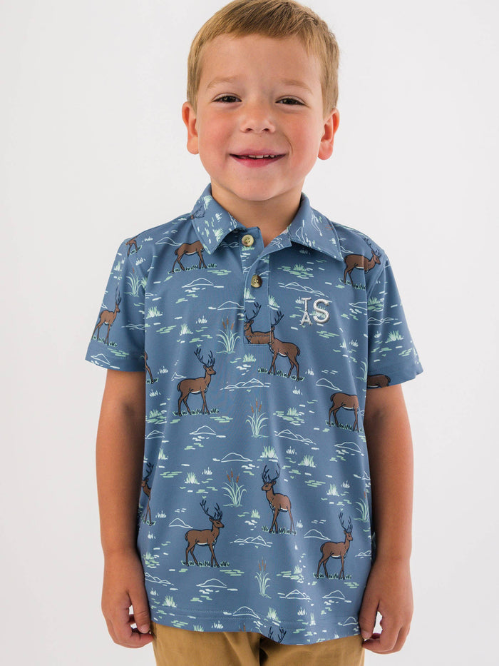 Boys Deer Antler Adventure Knit Short Sleeve Performance Polo: Blue