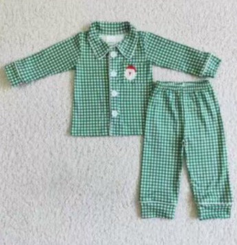 Boys Green Gingham Santa PJS