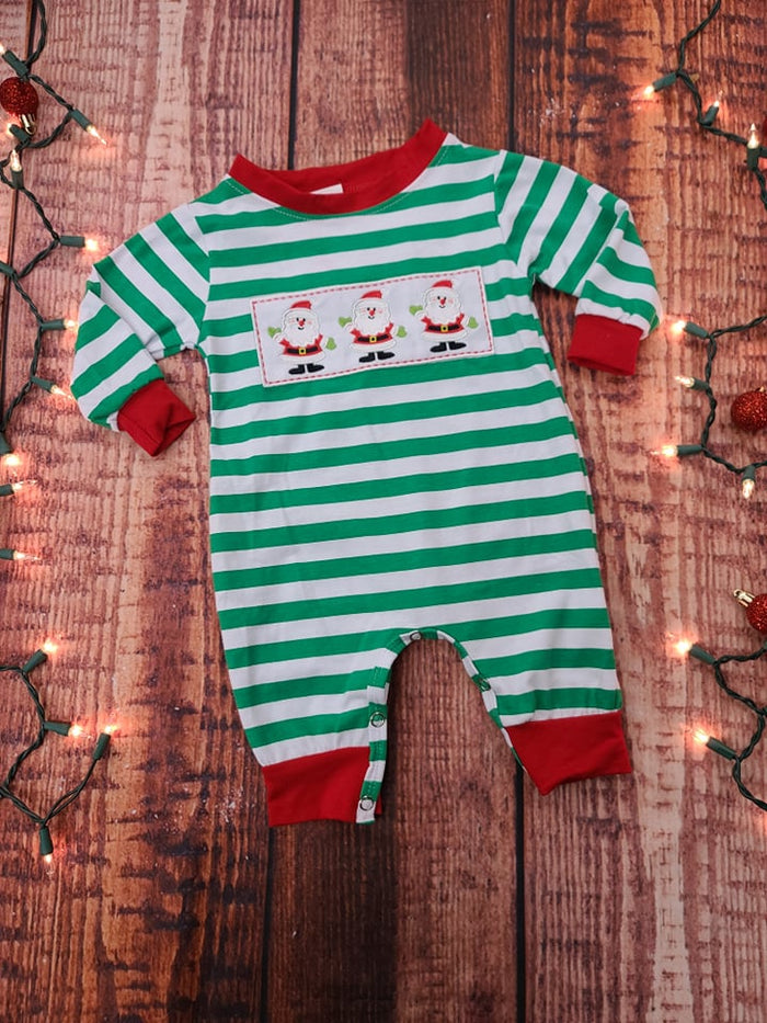 Boy's Green Striped Emb. Santa Romper