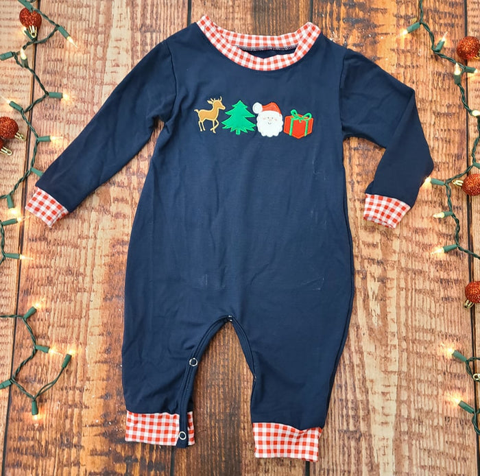 Boys Navy Emb. Christmas Romper