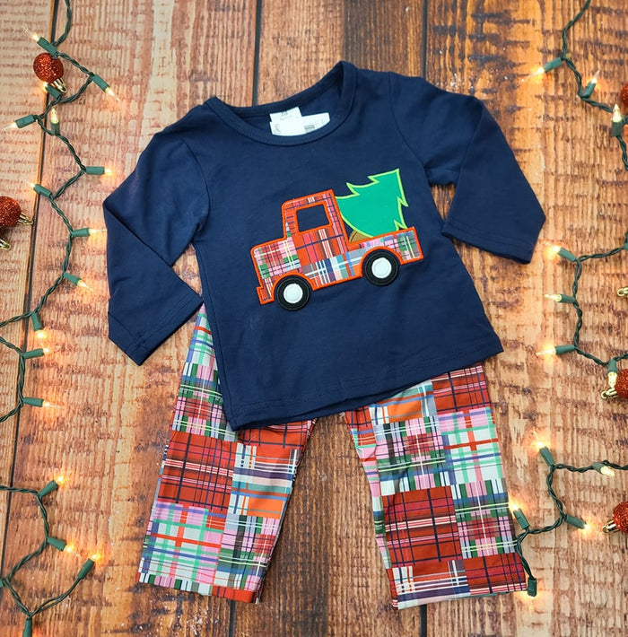 Boys Navy Plaid Christmas Truck 2pc