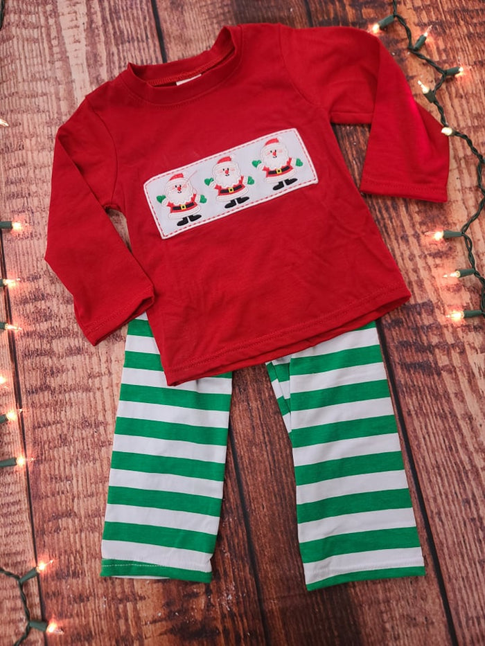 Boy's Red/green striped emb. santa 2pc