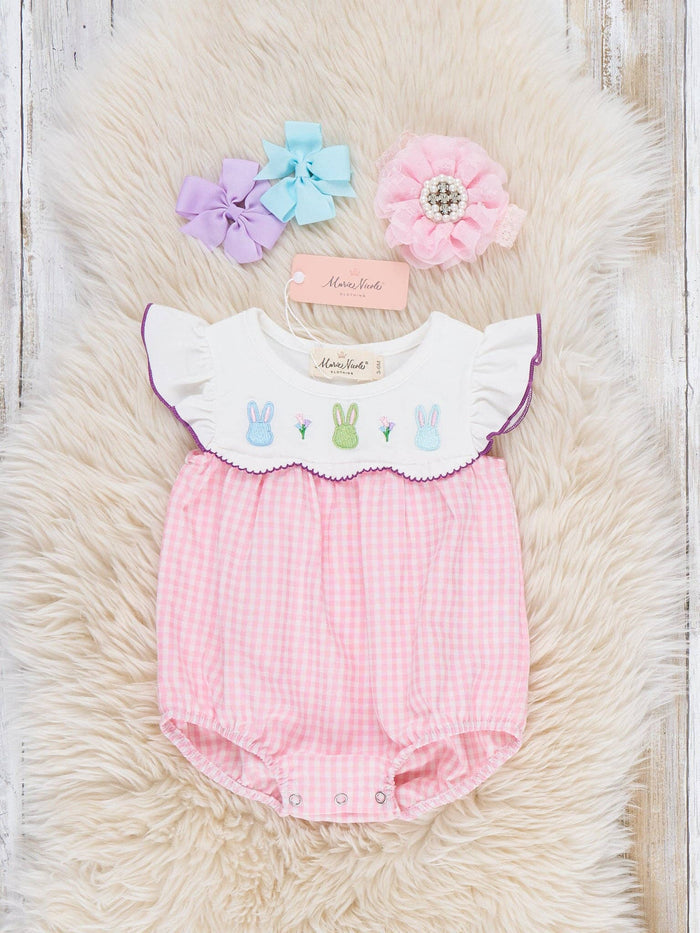 Bunny Lineup Gingham Embroidered Ruffle Bubble Romper