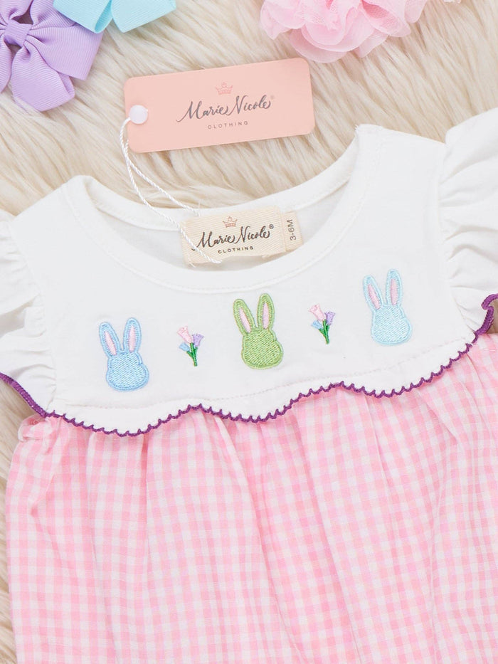 Bunny Lineup Gingham Embroidered Ruffle Bubble Romper