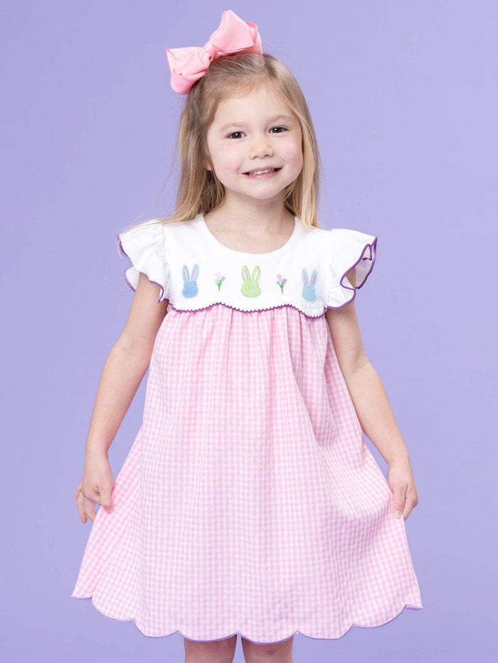 Bunny Lineup Gingham Embroidered Ruffle Dress