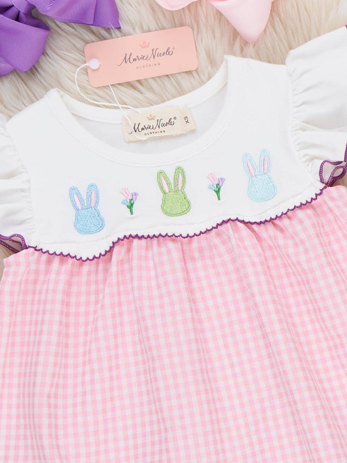 Bunny Lineup Gingham Embroidered Ruffle Dress