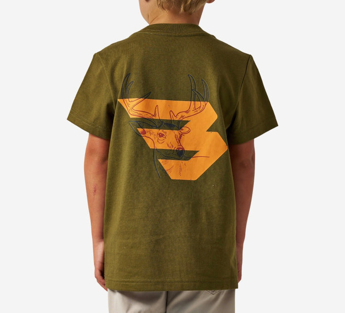Burlebo youth ss tee - deer flying b (orange) logo - hunter green