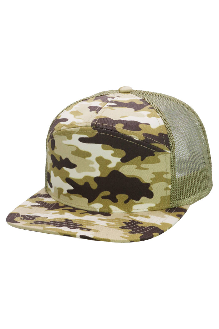 Camouflage Cotton Poly Blend 7 Panel Flat Bill Trucker Hat