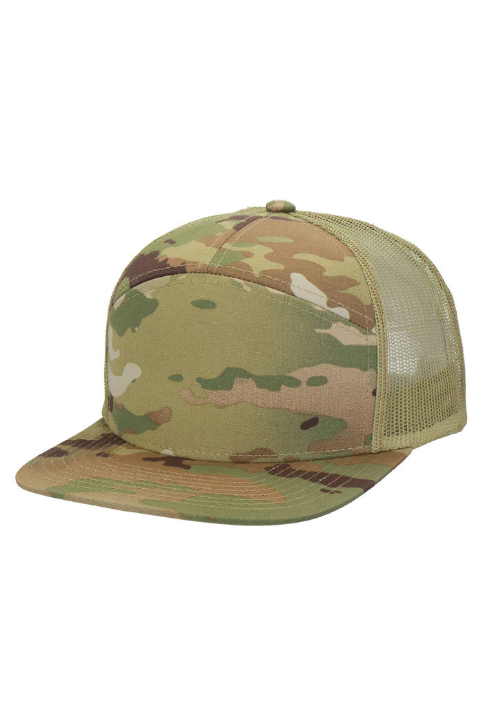 Camouflage Cotton Poly Blend 7 Panel Flat Bill Trucker Hat