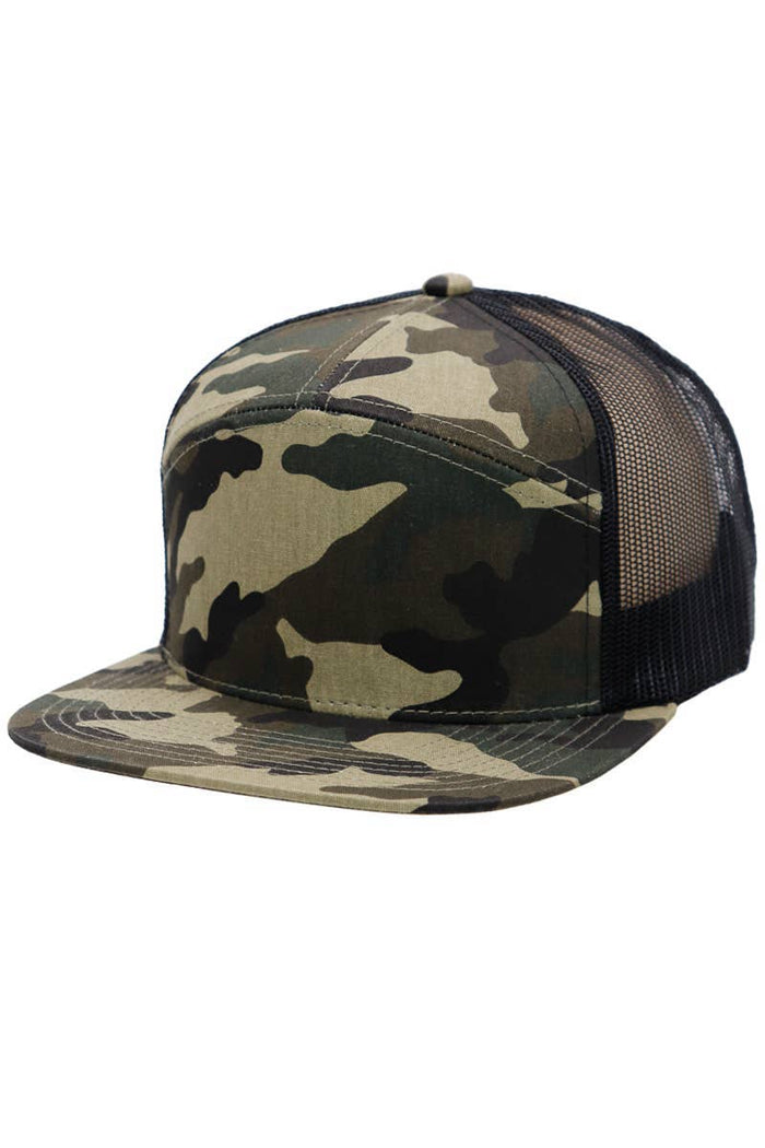 Camouflage Cotton Poly Blend 7 Panel Flat Bill Trucker Hat