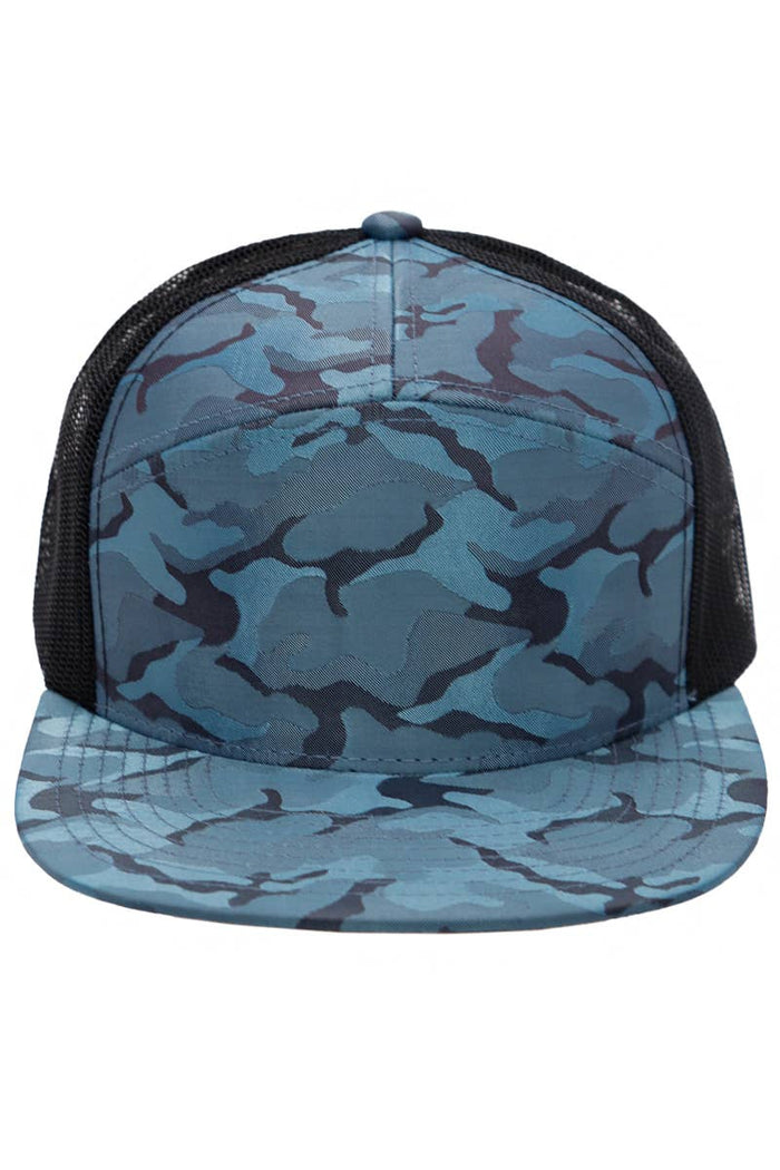 Camouflage Polyester Fabric 7 Panel Flat Bill Trucker Hat