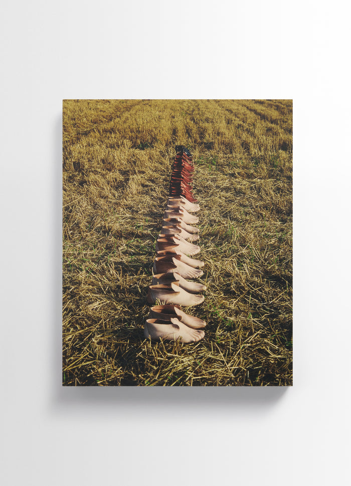 Carlos Peñafiel book featuring styled look of nude and rust leather LEMAIRE shoes on dry grass field