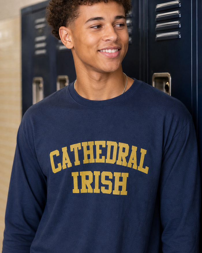 Cathedral Irish Block Letter Long Sleeve Tee Navy/Gold