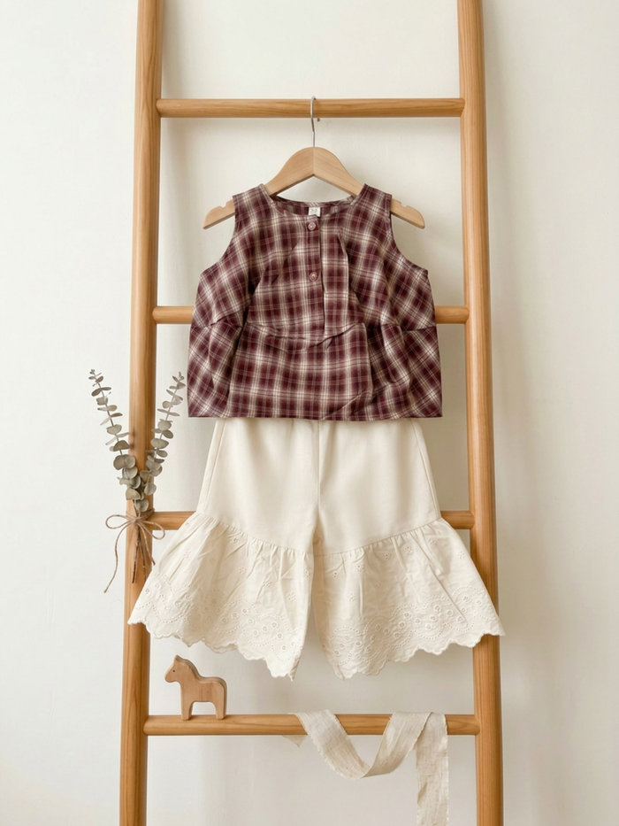 Checkered Peplum Top & Eyelet Ruffle Shorts Co-ord