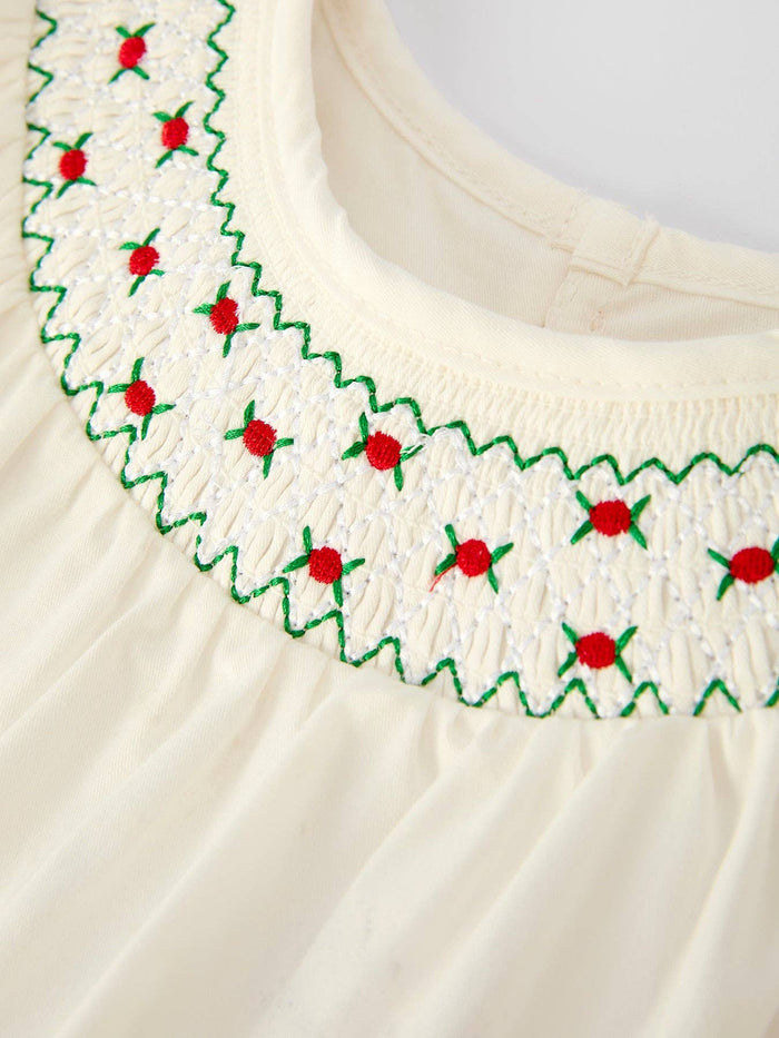 Christmas Girl's Romper : Delicate Embroidery with Red Bow Details