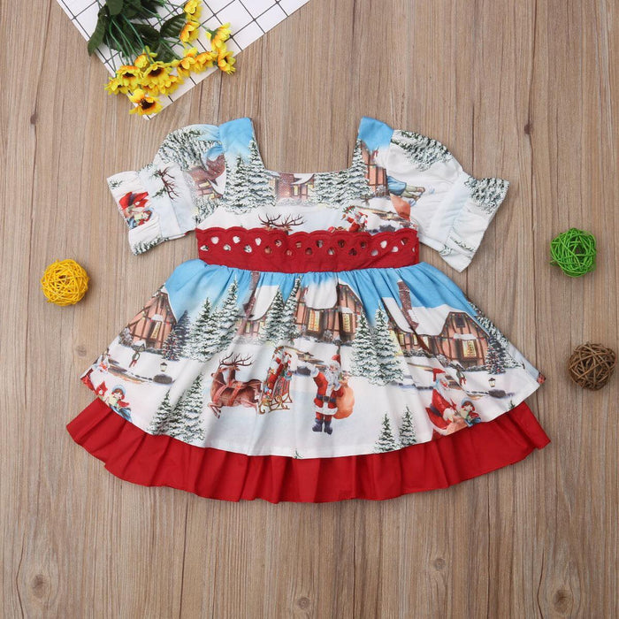Christmas Scene Dress w/ Red Trim